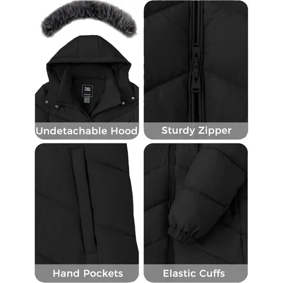 Women's Long Winter Coat Waterproof Warm Quilted Puffer Jacket with Faux Fur Hoo